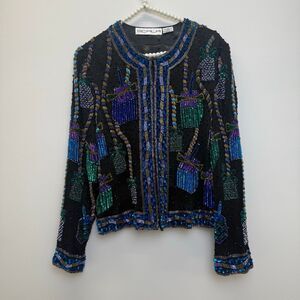 Vintage Scala Silk Butterfly Sequin Jacket Multicolor Long Sleeve Beaded